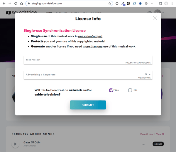 License Modal (Yes to TV Broadcast):